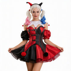 Cosplay Costume Harley Quinn Clown Cosplay Robe Noire et Rouge Femme