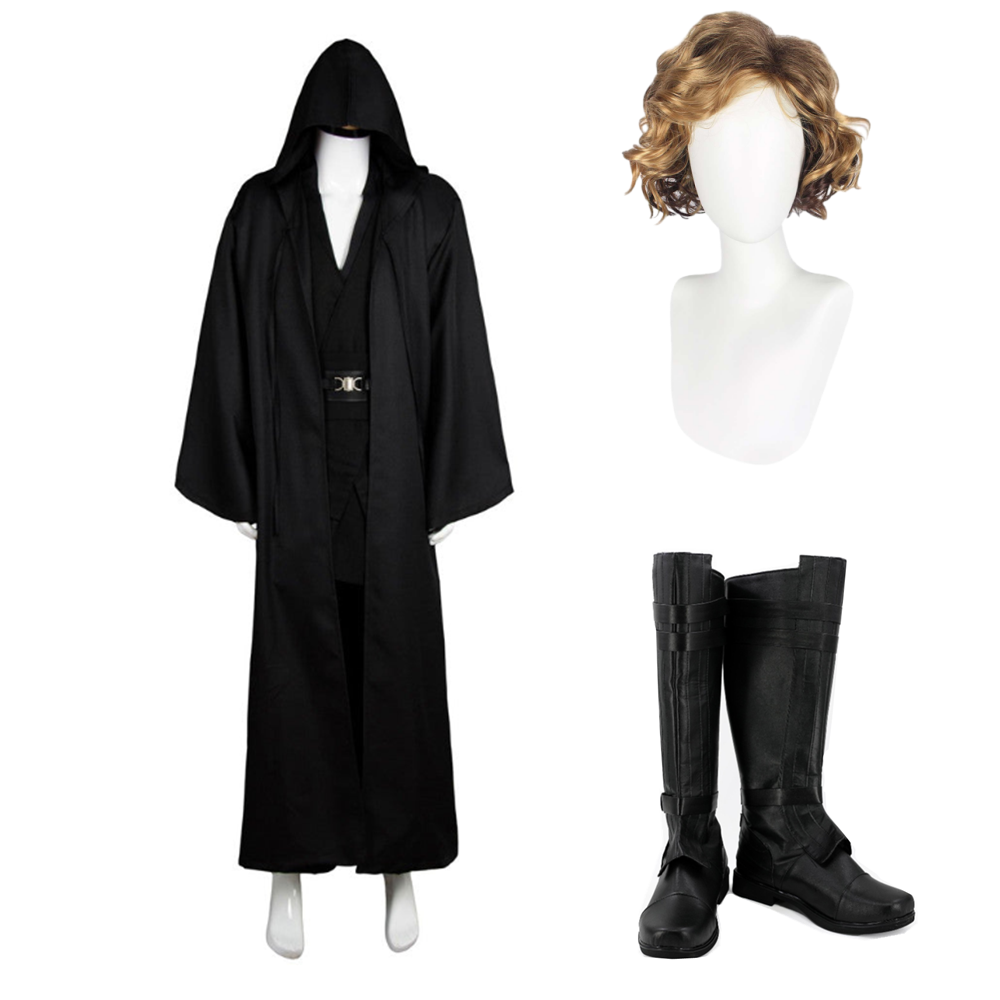 Anakin Skywalker Tenue Jedi Noire Cosplay Costume Version Noire Perruque Chaussures