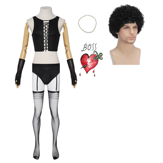 Cosplay Costume Dr. Frank-N-Furter La Folle Histoire de Rocky Horror(1975) Film Cosplay Tenue Noire Homme Perruque Tatouage Temporaire