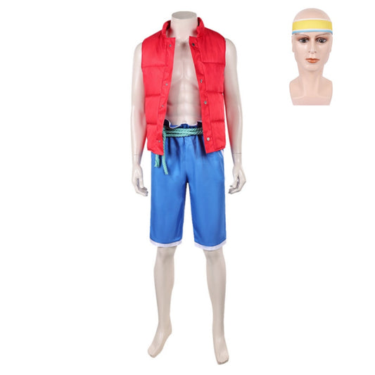 Cosplay Costume Raww Forgotten Island(2026) Film Cosplay Gilet Rouge+Short Bleu Homme Bandeau