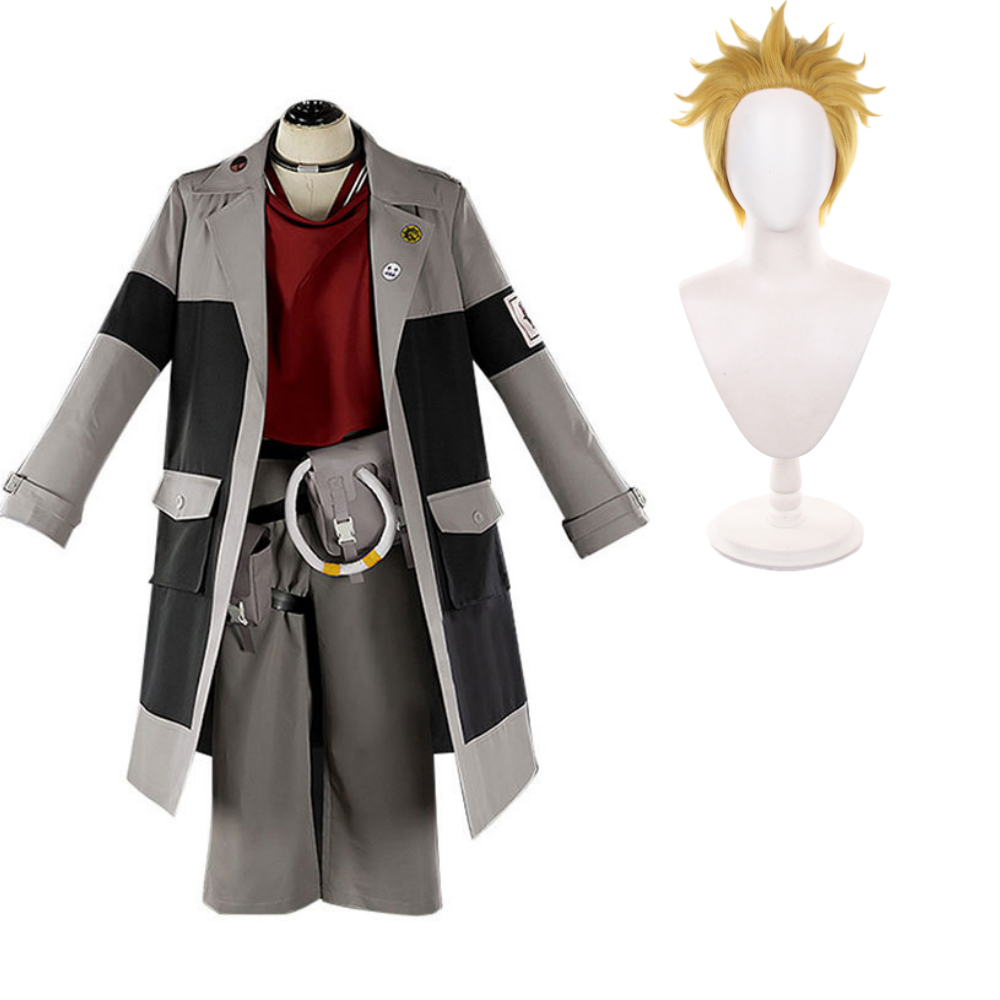 Gachiakuta Enjin Tenue Grise et Rouge Cosplay Costume Perruque
