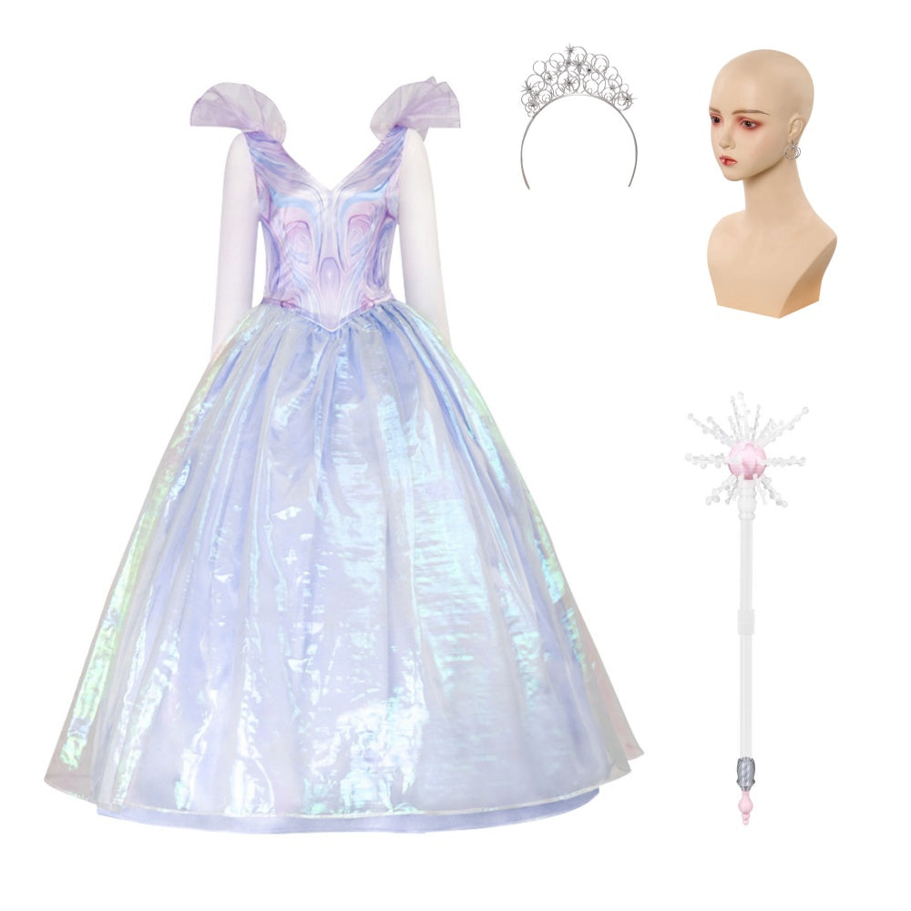 Wicked Glinda Robe Violette Cosplay Costume Serre-tête Boucles d'Oreilles Baguette