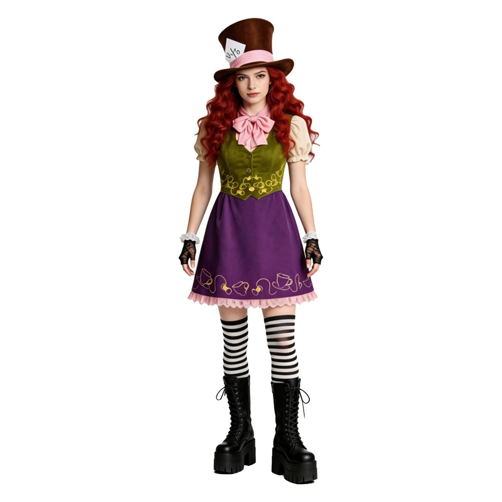 Cosplay Costume Mad Hatter Alice au Pays des Merveilles Film Cosplay Tenue Verte et Violette Femme