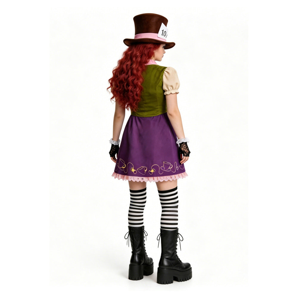 Cosplay Costume Mad Hatter Alice au Pays des Merveilles Film Cosplay Tenue Verte et Violette Femme