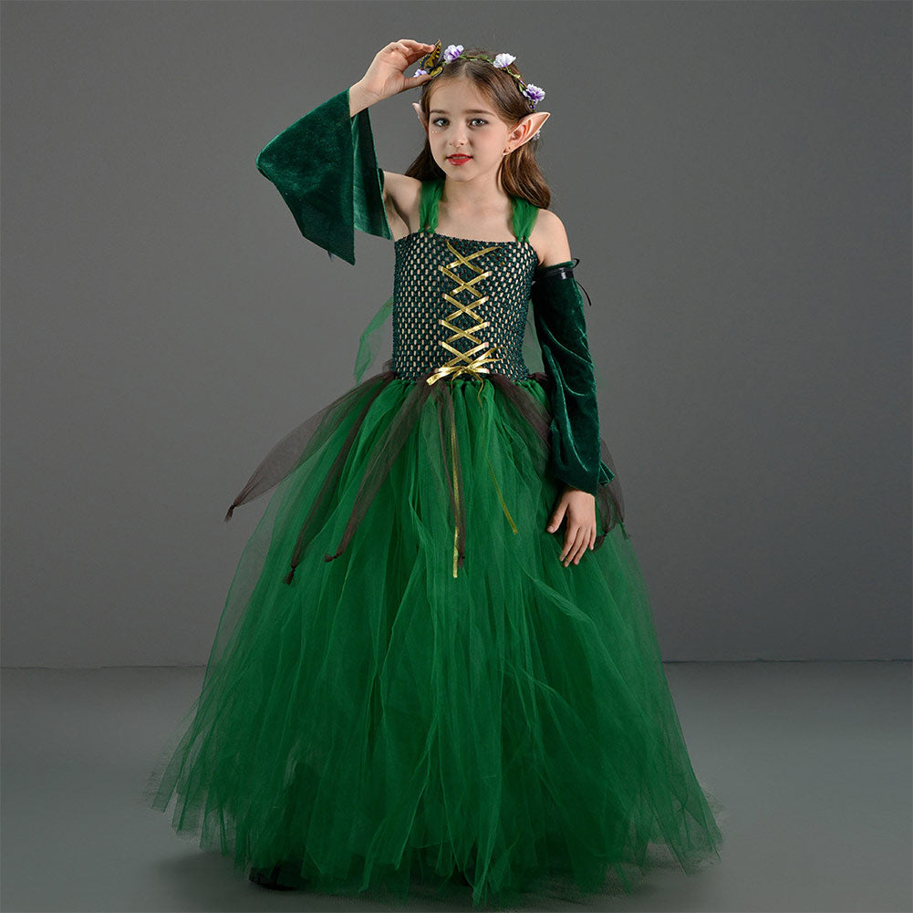 Déguisement Fille Elf Robe Vert Foncé Costume pour Halloween