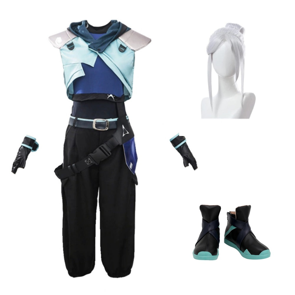 Cosplay Costume Jett Valorant Jeu Cosplay Tenue Noire et Bleue Femme Perruque Chaussures