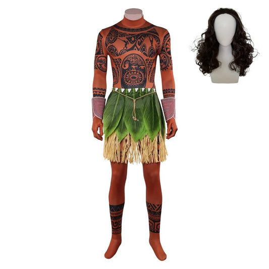Cosplay Costume Maui Vaiana La Légende du Bout du Monde(2026) Film Cosplay Combinaison Imprimée Tatouage+Tablier Homme Perruque