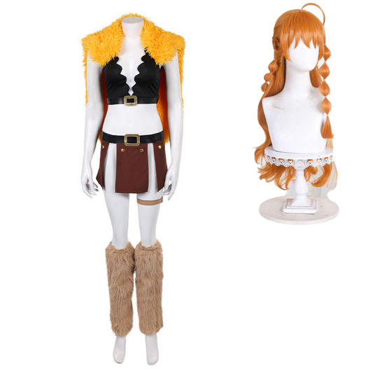 Cosplay Costume Nami One Piece Elbaf Arc(2026) Anime Cosplay Tenue Noire et Brune avec Châle Jaune Femme Perruque