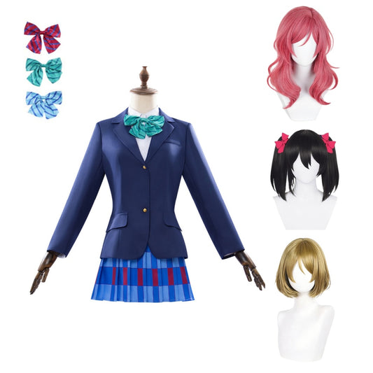 Cosplay Costume μ's Love Live! School Idol Project Anime Cosplay Uniforme Scolaire Bleue Femme Perruques
