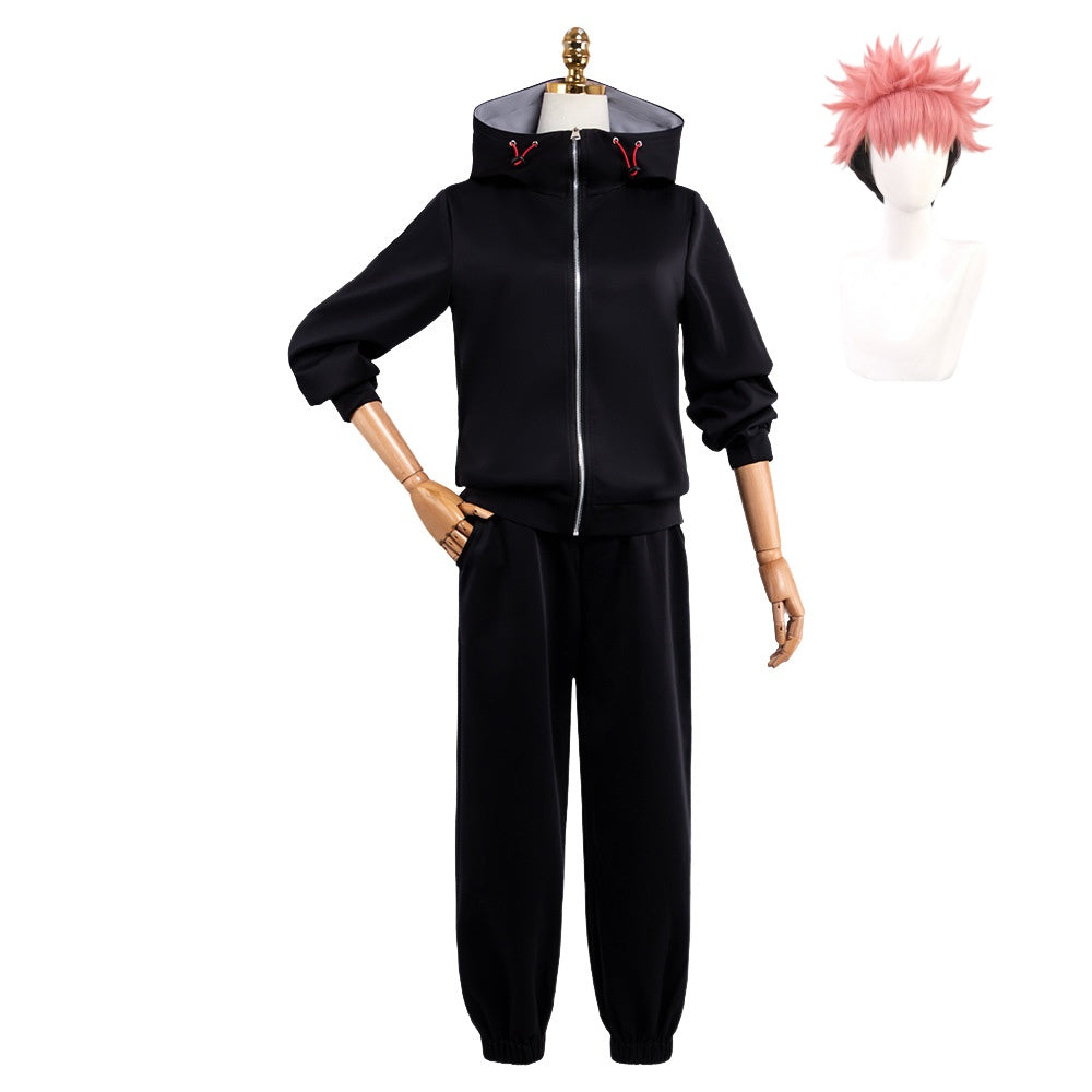 Yuji Itadori Tenue Noire Cosplay Costume Perruque
