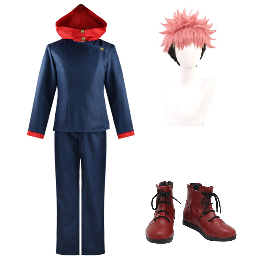 Yuji Itadori Tenue de Sweat-shrit Tenue Bleu et Rouge Cosplay Costume Perruque CHaussures