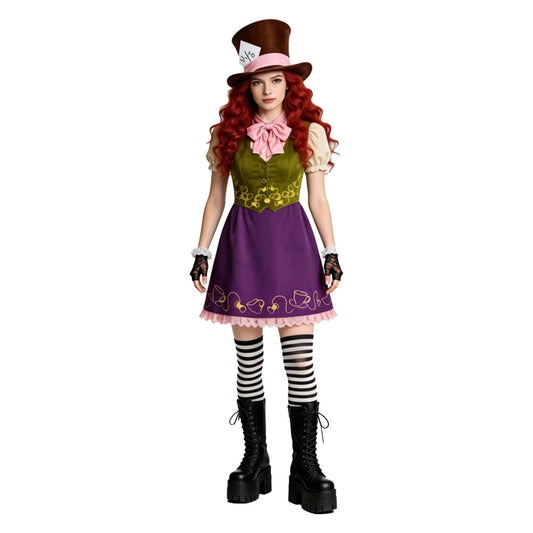 Cosplay Costume Mad Hatter Alice au Pays des Merveilles Film Cosplay Tenue Verte et Violette Femme