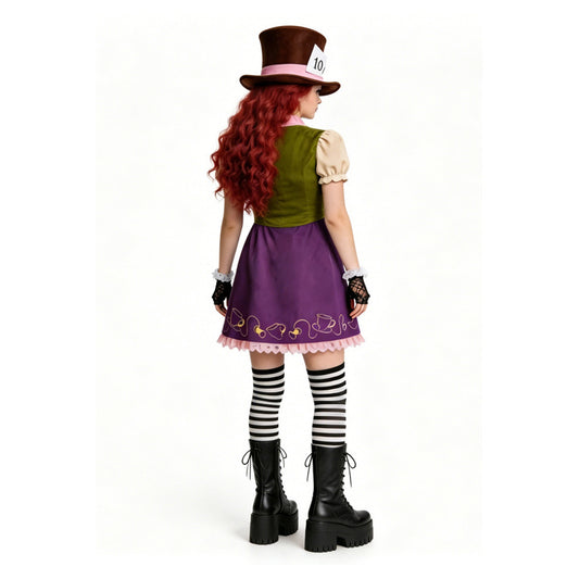 Cosplay Costume Mad Hatter Alice au Pays des Merveilles Film Cosplay Tenue Verte et Violette Femme