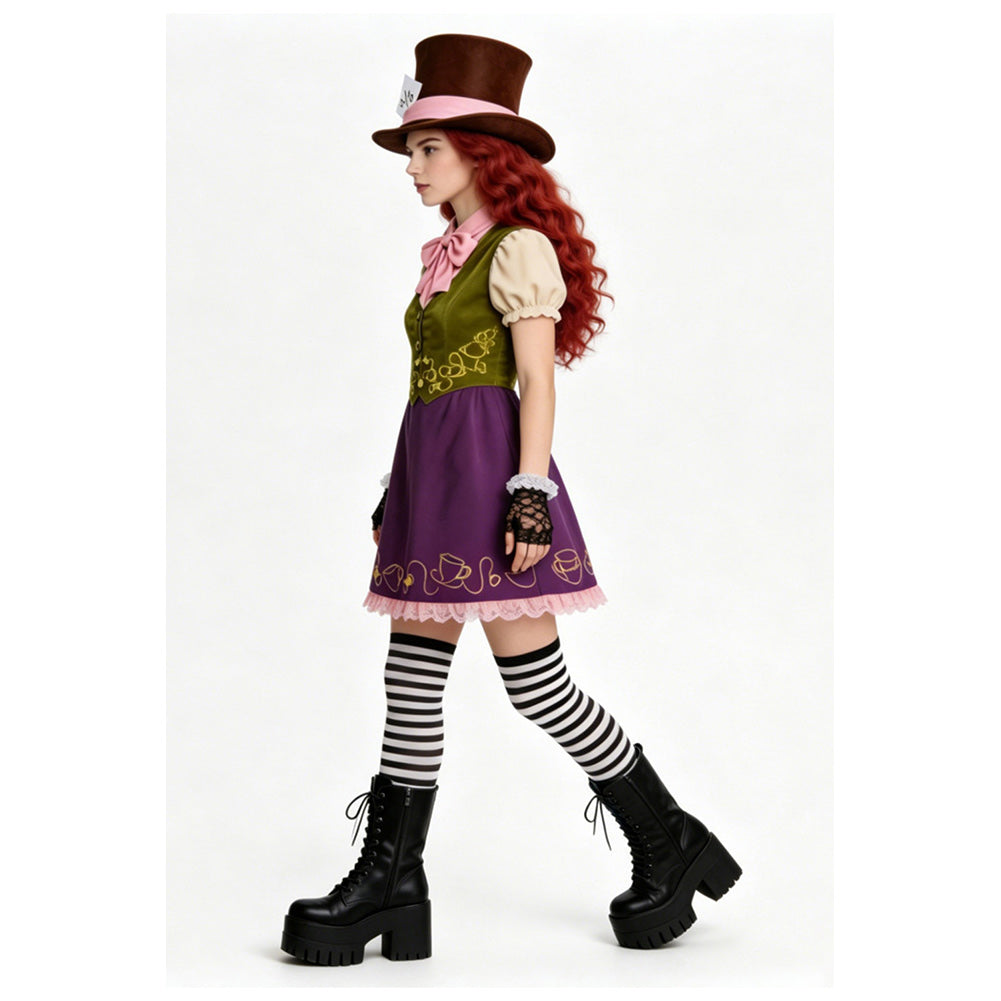 Cosplay Costume Mad Hatter Alice au Pays des Merveilles Film Cosplay Tenue Verte et Violette Femme