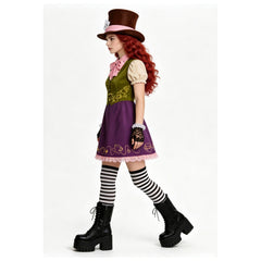 Cosplay Costume Mad Hatter Alice au Pays des Merveilles Film Cosplay Tenue Verte et Violette Femme