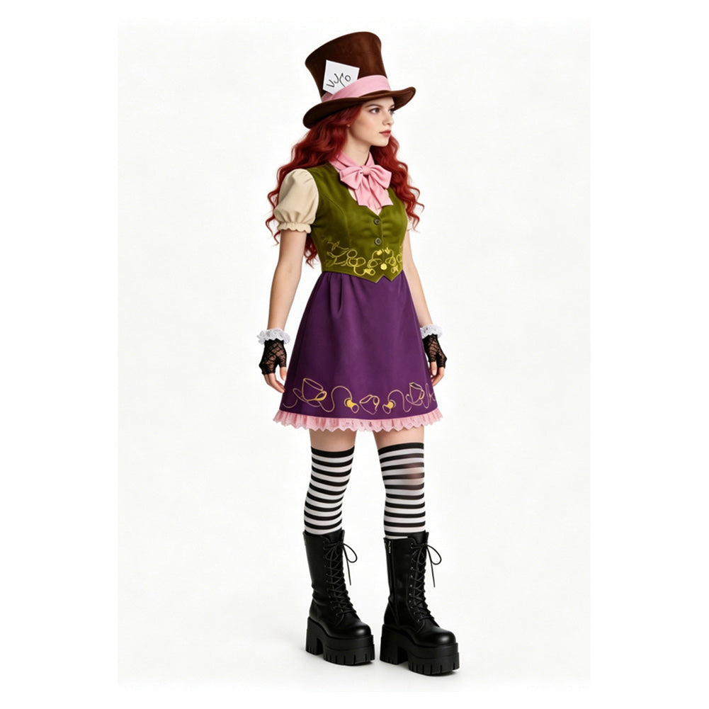 Cosplay Costume Mad Hatter Alice au Pays des Merveilles Film Cosplay Tenue Verte et Violette Femme