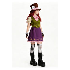 Cosplay Costume Mad Hatter Alice au Pays des Merveilles Film Cosplay Tenue Verte et Violette Femme