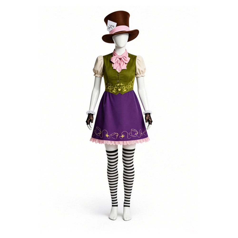 Cosplay Costume Mad Hatter Alice au Pays des Merveilles Film Cosplay Tenue Verte et Violette Femme
