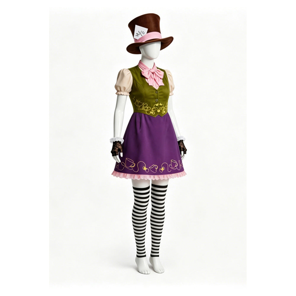Cosplay Costume Mad Hatter Alice au Pays des Merveilles Film Cosplay Tenue Verte et Violette Femme