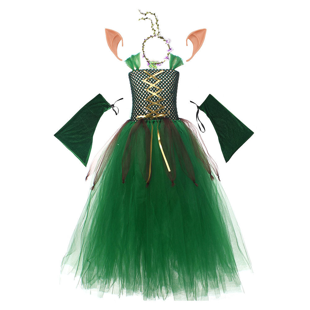 Déguisement Fille Elf Robe Vert Foncé Costume pour Halloween