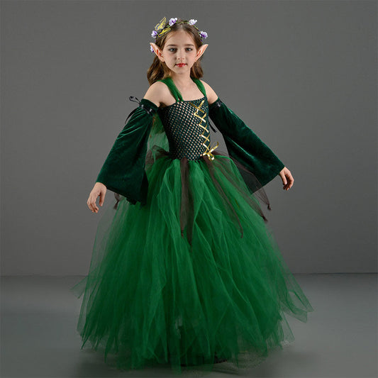 Déguisement Fille Elf Robe Vert Foncé Costume pour Halloween
