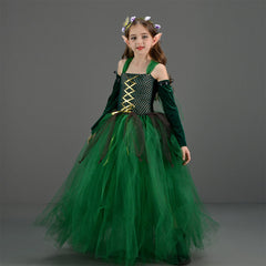 Déguisement Fille Elf Robe Vert Foncé Costume pour Halloween
