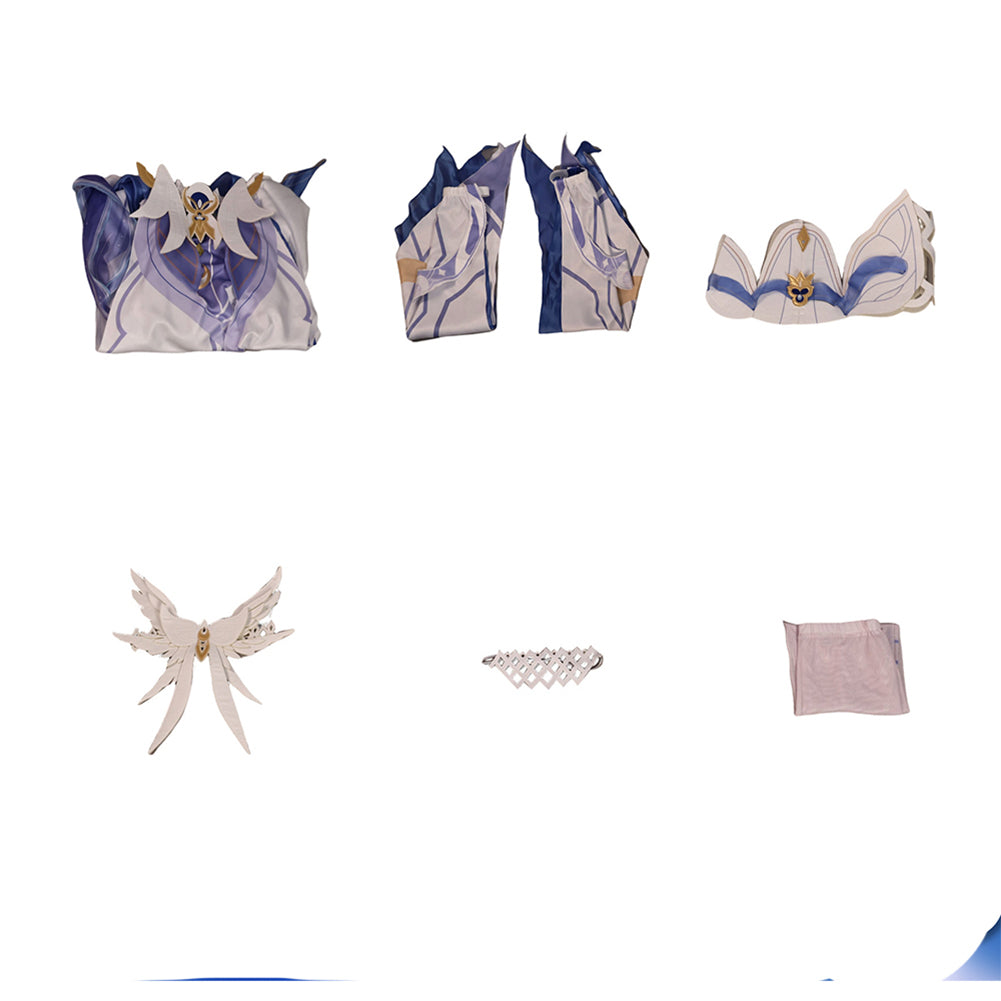 Genshin Impact Columbina Tenue Blanche et Bleue Cosplay Costume