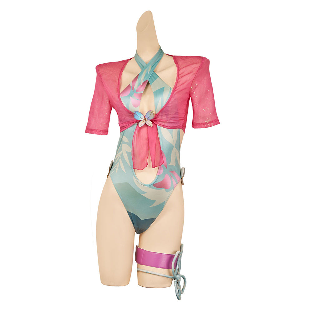Psylocke Maillot de Bain Une Pièce Vert+Couvre-up Rose Cosplay Costume